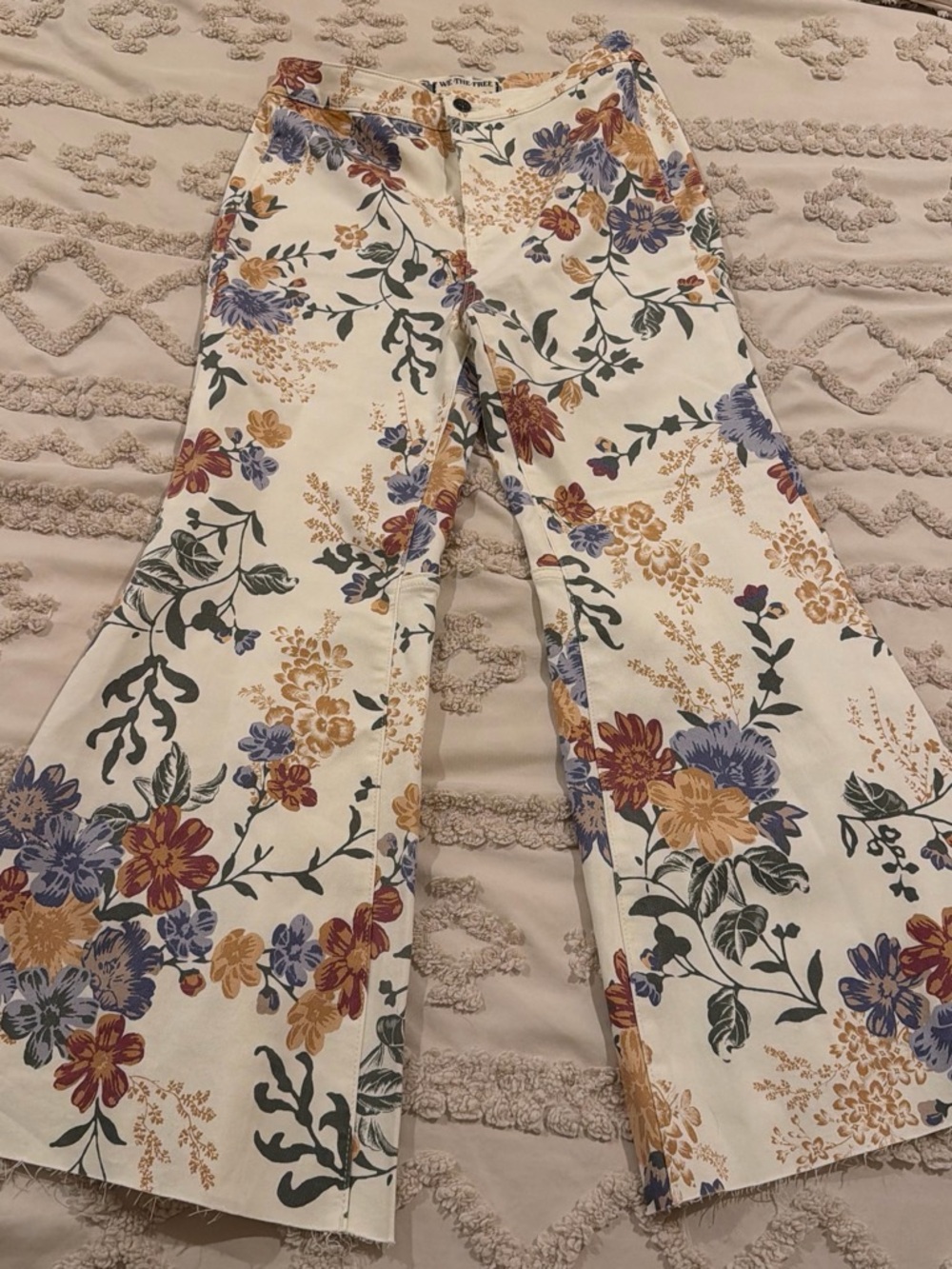 We The Free Floral Boot Cut & Flare Pants in Cream, Blue, Mustard & Green